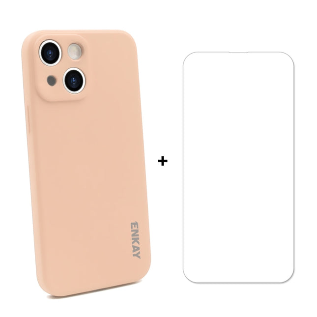 Hat-Prince ENKAY Liquid Silicone Shockproof Protective Case Drop Protection Cover + 9H Tempered Glass Screen Protector for iPhone 13 mini(Pink)-garmade.com