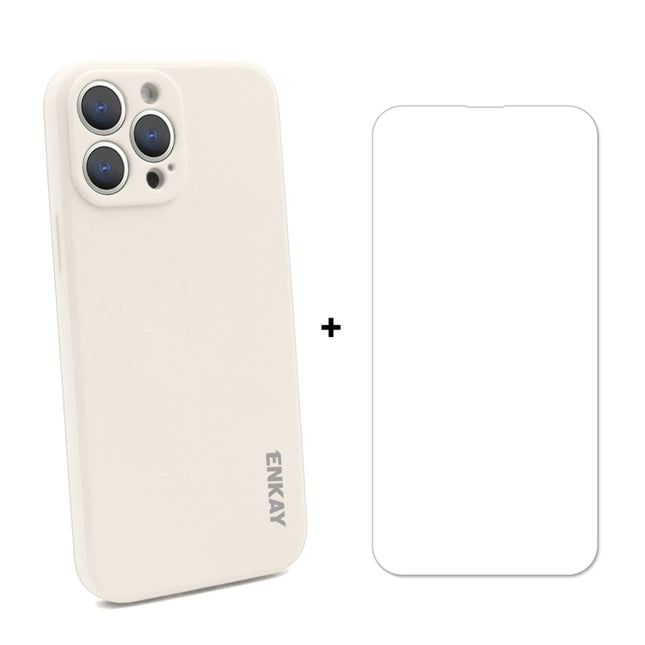 Hat-Prince ENKAY Liquid Silicone Shockproof Protective Case Drop Protection Cover + 9H Tempered Glass Screen Protector for iPhone 13 Pro Max(Beige)-garmade.com