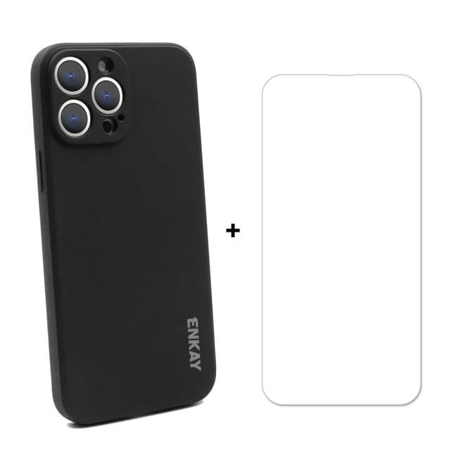Hat-Prince ENKAY Liquid Silicone Shockproof Protective Case Drop Protection Cover + 9H Tempered Glass Screen Protector for iPhone 13 Pro Max(Black)-garmade.com