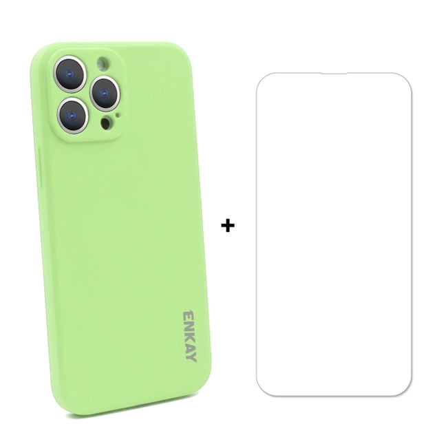 Hat-Prince ENKAY Liquid Silicone Shockproof Protective Case Drop Protection Cover + 9H Tempered Glass Screen Protector for iPhone 13 Pro Max(Light Green)-garmade.com