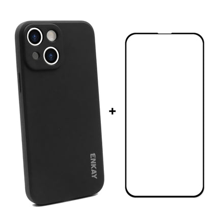 Hat-Prince ENKAY Liquid Silicone Shockproof Protective Case Drop Protection Cover + Full Coverage Tempered Glass Protector Film for iPhone 13 mini(Black)-garmade.com