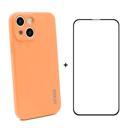 Hat-Prince ENKAY Liquid Silicone Shockproof Protective Case Drop Protection Cover + Full Coverage Tempered Glass Protector Film for iPhone 13 mini(Orange)-garmade.com