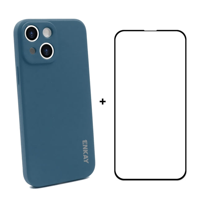 Hat-Prince ENKAY Liquid Silicone Shockproof Protective Case Drop Protection Cover + Full Coverage Tempered Glass Protector Film for iPhone 13(Dark Blue)-garmade.com