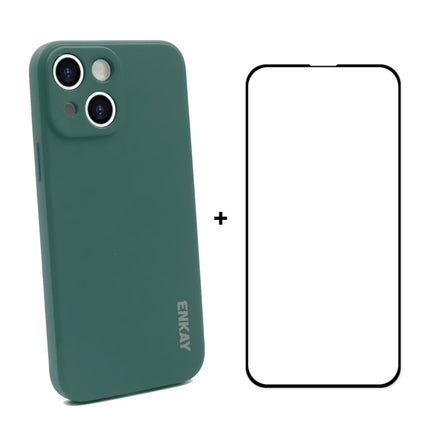 Hat-Prince ENKAY Liquid Silicone Shockproof Protective Case Drop Protection Cover + Full Coverage Tempered Glass Protector Film for iPhone 13(Dark Green)-garmade.com