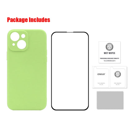 Hat-Prince ENKAY Liquid Silicone Shockproof Protective Case Drop Protection Cover + Full Coverage Tempered Glass Protector Film for iPhone 13(Light Green)-garmade.com