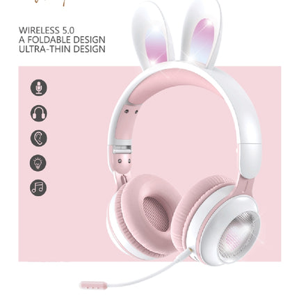 KE-01 Rabbit Ear Wireless Bluetooth 5.0 Stereo Music Foldable Headset with Mic For PC(Pink)-garmade.com