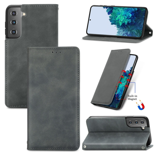 For Samsung Galaxy S22 5G Retro Skin Feel Magnetic Horizontal Flip Leather Case with Holder & Card Slots & Wallet & Photo Frame(Gray)-garmade.com