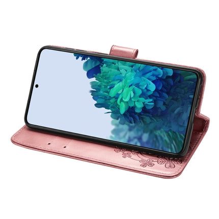 For Samsung Galaxy S22 5G Four-leaf Clasp Embossed Leather Phone Case with Lanyard & Card Slot & Wallet & Bracket Function(Rose Gold)-garmade.com