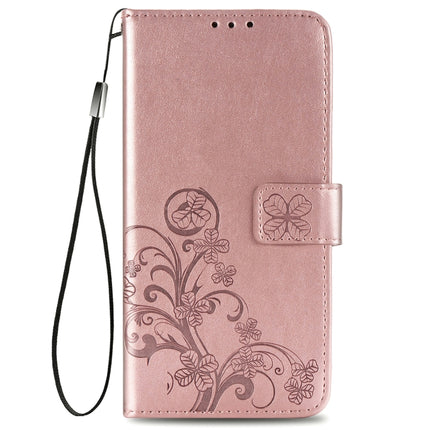 For Samsung Galaxy S22+ 5G Four-leaf Clasp Embossed Leather Phone Case with Lanyard & Card Slot & Wallet & Bracket Function(Rose Gold)-garmade.com