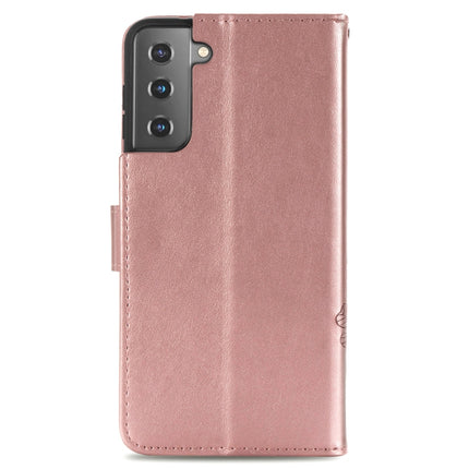 For Samsung Galaxy S22+ 5G Four-leaf Clasp Embossed Leather Phone Case with Lanyard & Card Slot & Wallet & Bracket Function(Rose Gold)-garmade.com