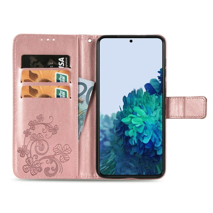 For Samsung Galaxy S22+ 5G Four-leaf Clasp Embossed Leather Phone Case with Lanyard & Card Slot & Wallet & Bracket Function(Rose Gold)-garmade.com