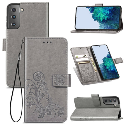 For Samsung Galaxy S22+ 5G Four-leaf Clasp Embossed Leather Phone Case with Lanyard & Card Slot & Wallet & Bracket Function(Grey)-garmade.com