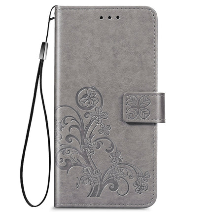 For Samsung Galaxy S22+ 5G Four-leaf Clasp Embossed Leather Phone Case with Lanyard & Card Slot & Wallet & Bracket Function(Grey)-garmade.com