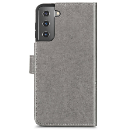 For Samsung Galaxy S22+ 5G Four-leaf Clasp Embossed Leather Phone Case with Lanyard & Card Slot & Wallet & Bracket Function(Grey)-garmade.com