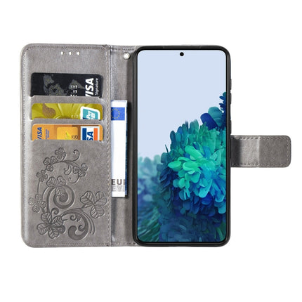 For Samsung Galaxy S22+ 5G Four-leaf Clasp Embossed Leather Phone Case with Lanyard & Card Slot & Wallet & Bracket Function(Grey)-garmade.com