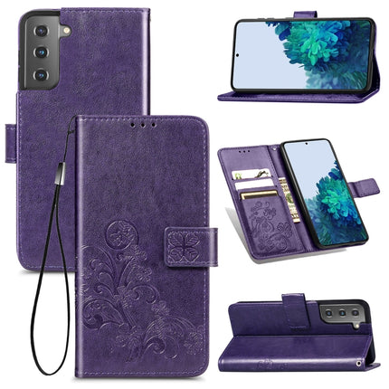 For Samsung Galaxy S22+ 5G Four-leaf Clasp Embossed Leather Phone Case with Lanyard & Card Slot & Wallet & Bracket Function(Purple)-garmade.com