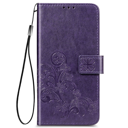 For Samsung Galaxy S22+ 5G Four-leaf Clasp Embossed Leather Phone Case with Lanyard & Card Slot & Wallet & Bracket Function(Purple)-garmade.com
