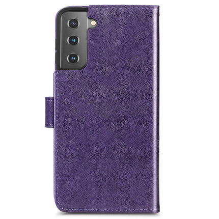 For Samsung Galaxy S22+ 5G Four-leaf Clasp Embossed Leather Phone Case with Lanyard & Card Slot & Wallet & Bracket Function(Purple)-garmade.com