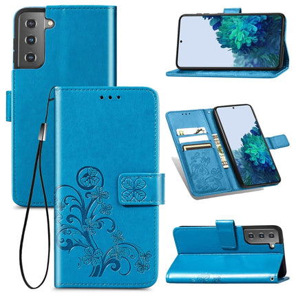 For Samsung Galaxy S22+ 5G Four-leaf Clasp Embossed Leather Phone Case with Lanyard & Card Slot & Wallet & Bracket Function(Blue)-garmade.com