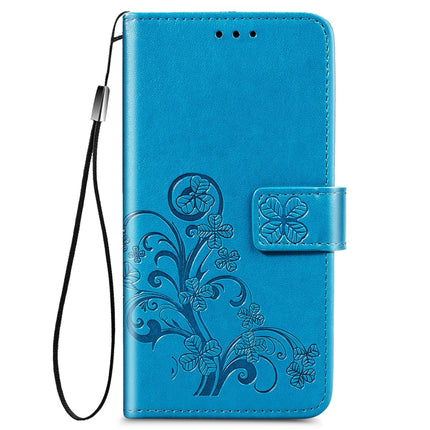 For Samsung Galaxy S22+ 5G Four-leaf Clasp Embossed Leather Phone Case with Lanyard & Card Slot & Wallet & Bracket Function(Blue)-garmade.com