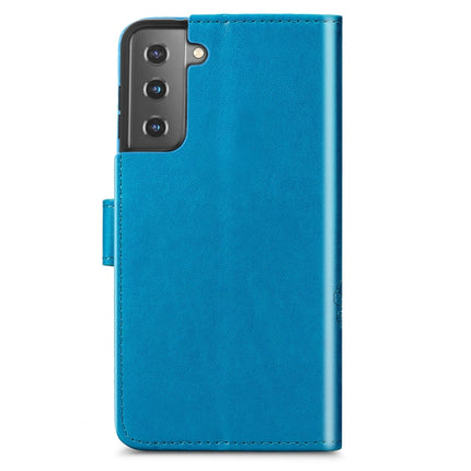 For Samsung Galaxy S22+ 5G Four-leaf Clasp Embossed Leather Phone Case with Lanyard & Card Slot & Wallet & Bracket Function(Blue)-garmade.com