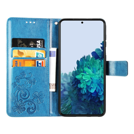 For Samsung Galaxy S22+ 5G Four-leaf Clasp Embossed Leather Phone Case with Lanyard & Card Slot & Wallet & Bracket Function(Blue)-garmade.com