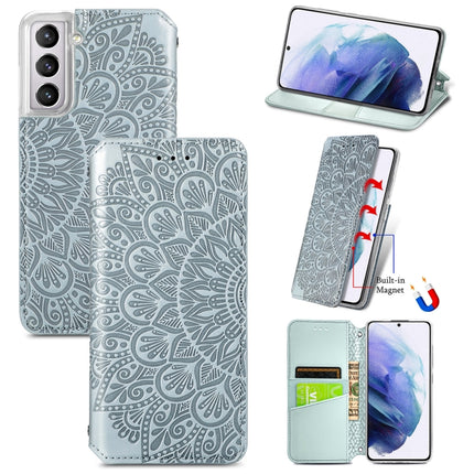 For Samsung Galaxy S22 5G Blooming Mandala Embossed Magnetic Horizontal Flip Leather Case with Holder & Card Slots & Wallet(Silver)-garmade.com