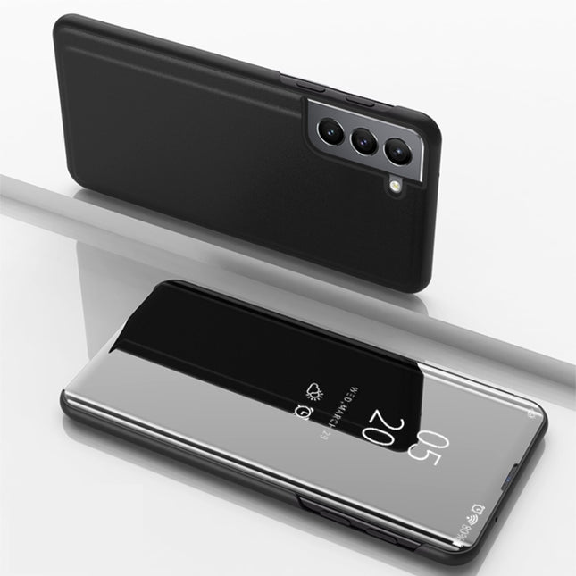 For Samsung Galaxy S22 5G Plated Mirror Horizontal Flip Leather Case with Holder(Black)-garmade.com