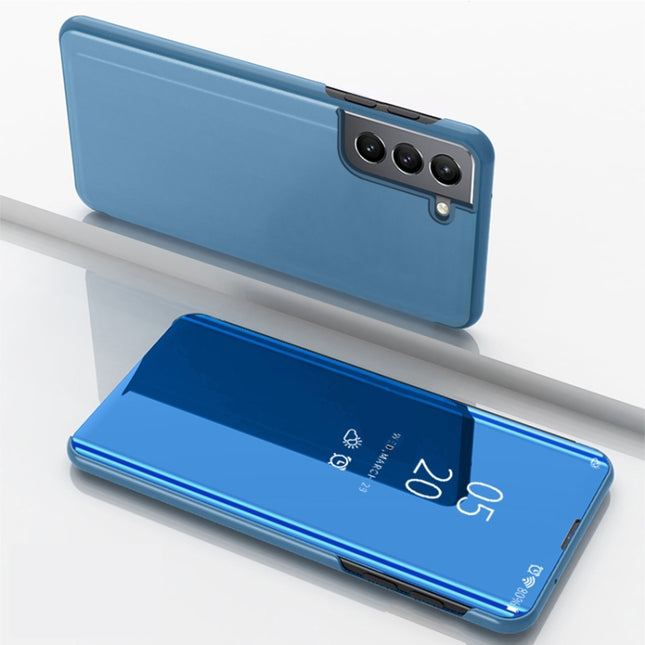 For Samsung Galaxy S22 5G Plated Mirror Horizontal Flip Leather Case with Holder(Blue)-garmade.com