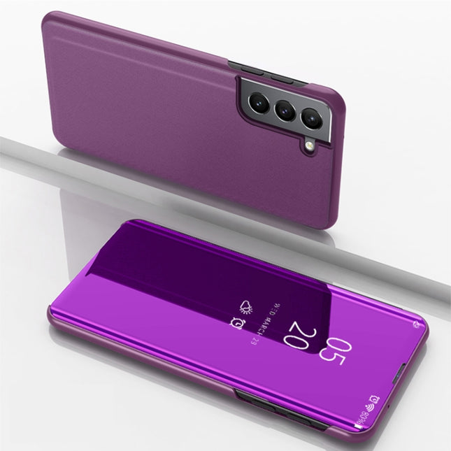 For Samsung Galaxy S22 5G Plated Mirror Horizontal Flip Leather Case with Holder(Purple)-garmade.com