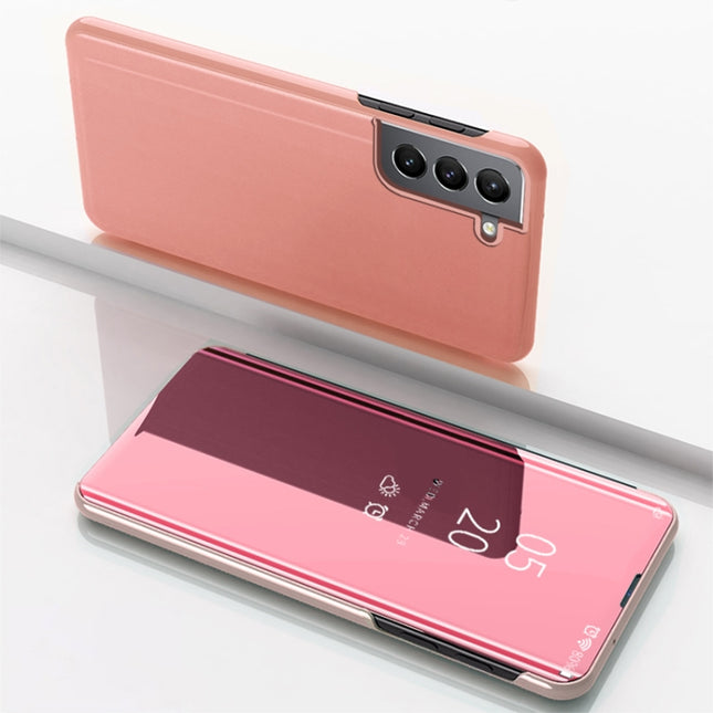 For Samsung Galaxy S22 5G Plated Mirror Horizontal Flip Leather Case with Holder(Rose Gold)-garmade.com