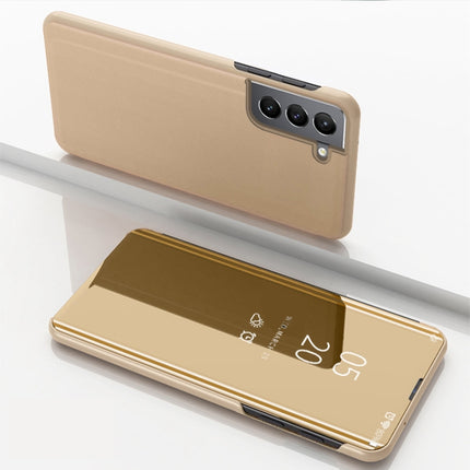 For Samsung Galaxy S22 Plus 5G Plated Mirror Horizontal Flip Leather Case with Holder(Gold)-garmade.com