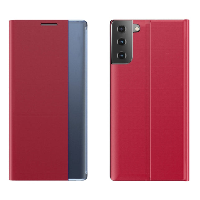 For Samsung Galaxy S22+ 5G Side Display Magnetic Flip Plain Cloth + PC Case with Holder & Sleep / Wake-up Function(Red)-garmade.com