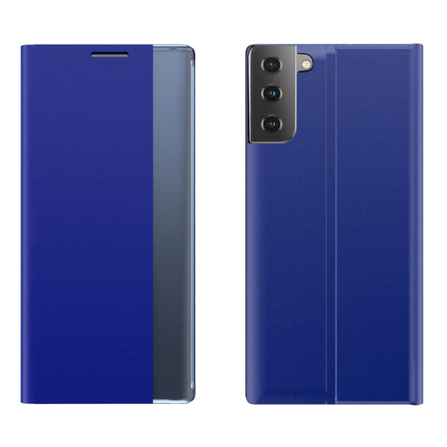 For Samsung Galaxy S22+ 5G Side Display Magnetic Flip Plain Cloth + PC Case with Holder & Sleep / Wake-up Function(Sky Blue)-garmade.com