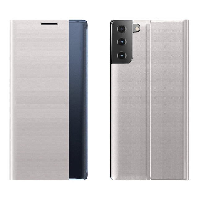 For Samsung Galaxy S22+ 5G Side Display Magnetic Flip Plain Cloth + PC Case with Holder & Sleep / Wake-up Function(Silver)-garmade.com