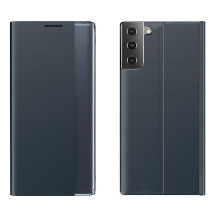 For Samsung Galaxy S22+ 5G Side Display Magnetic Flip Plain Cloth + PC Case with Holder & Sleep / Wake-up Function(Dark Blue)-garmade.com