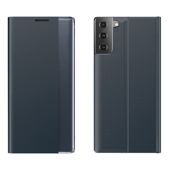 For Samsung Galaxy S22+ 5G Side Display Magnetic Flip Plain Cloth + PC Case with Holder & Sleep / Wake-up Function(Dark Blue)-garmade.com