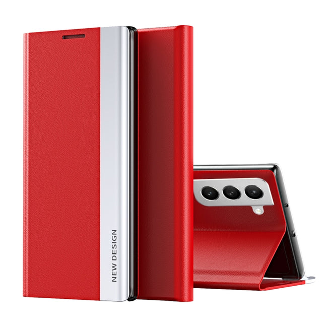 For Samsung Galaxy S22 5G Side Electroplated Magnetic Ultra-Thin Horizontal Flip Leather Case with Holder(Red)-garmade.com