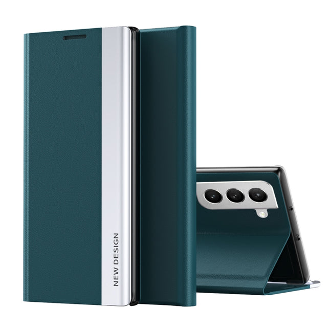 For Samsung Galaxy S22 5G Side Electroplated Magnetic Ultra-Thin Horizontal Flip Leather Case with Holder(Green)-garmade.com