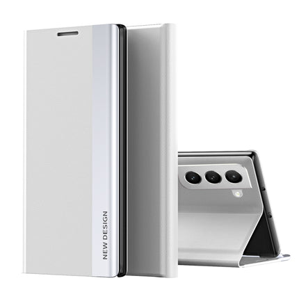 For Samsung Galaxy S22+ 5G Side Electroplated Magnetic Ultra-Thin Horizontal Flip Leather Case with Holder(Silver)-garmade.com