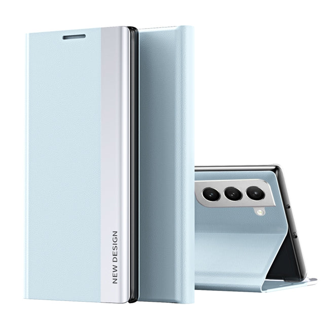 For Samsung Galaxy S22+ 5G Side Electroplated Magnetic Ultra-Thin Horizontal Flip Leather Case with Holder(Light Blue)-garmade.com
