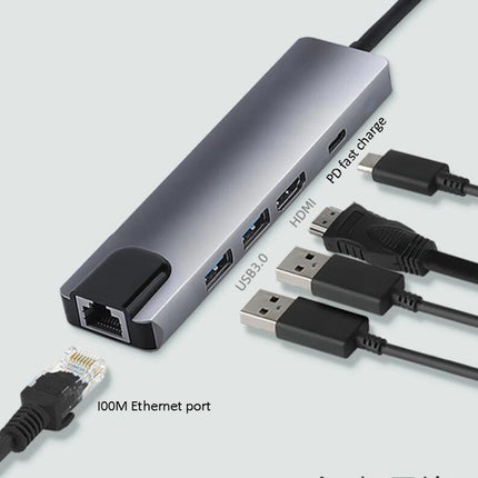 5 in 1 USB Type-C to RJ45+USB3.0 x 2+PD+HDMI HUB Adapter-garmade.com
