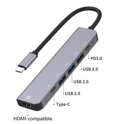 6-in-1 Type-C to HDMI + PD + Type-C + USB3.0 + USB2.0 x 2 Docking Station HUB Adapter-garmade.com