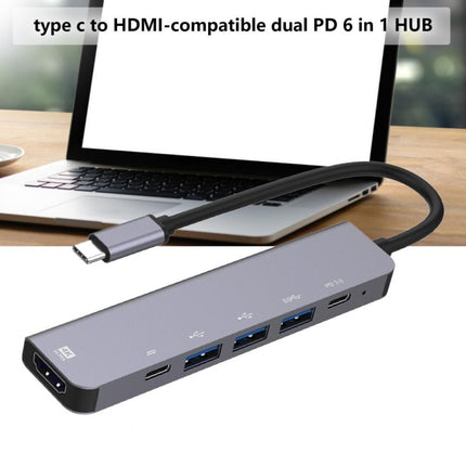 6-in-1 Type-C to HDMI + PD + Type-C + USB3.0 + USB2.0 x 2 Docking Station HUB Adapter-garmade.com