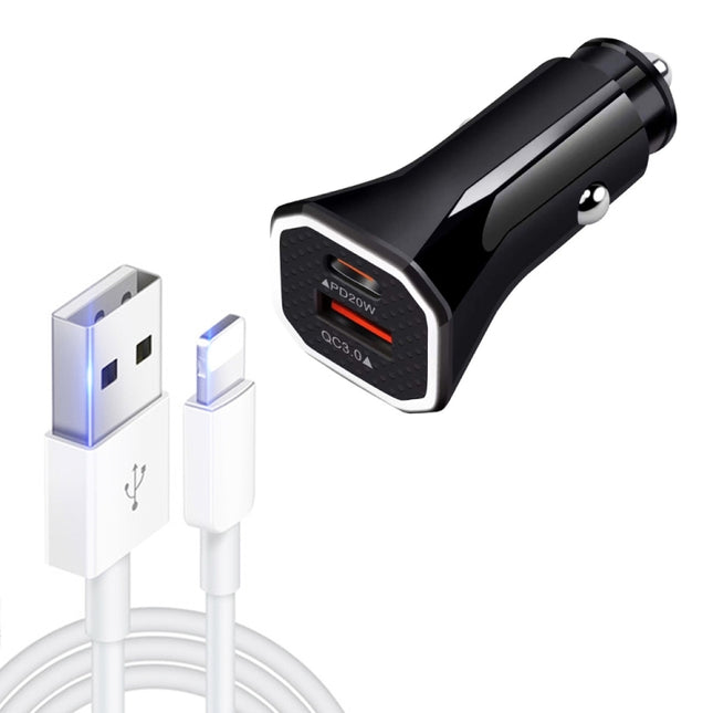 TE-P22 38W PD USB-C / Type-C + QC3. 0 USB Car Charger with 1m USB to 8 Pin Data Cable(Black)-garmade.com