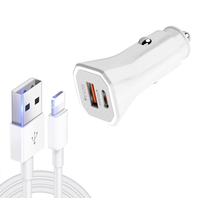TE-P22 38W PD USB-C / Type-C + QC3. 0 USB Car Charger with 1m USB to 8 Pin Data Cable(White)-garmade.com