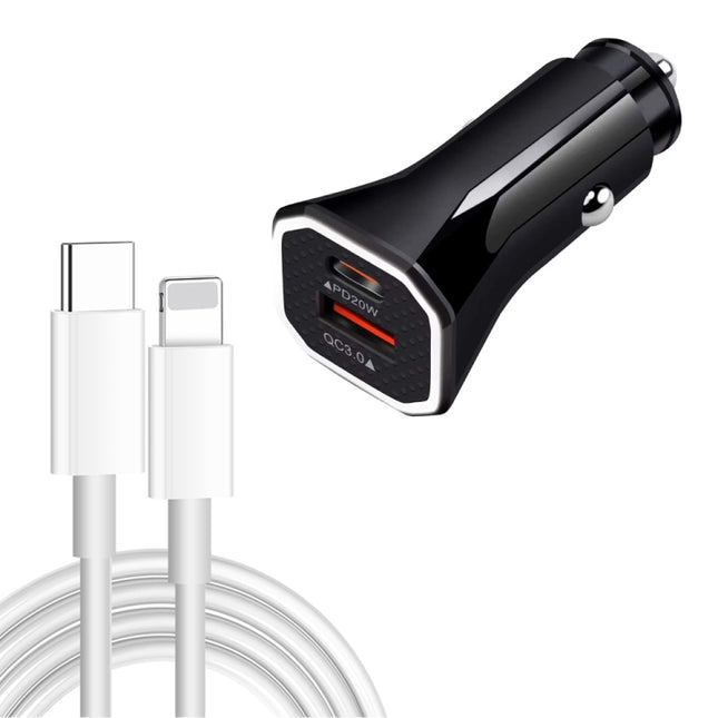 TE-P22 38W PD USB-C / Type-C + QC3. 0 USB Car Charger with 1m USB-C / Type-C to 8 Pin Data Cable(Black)-garmade.com