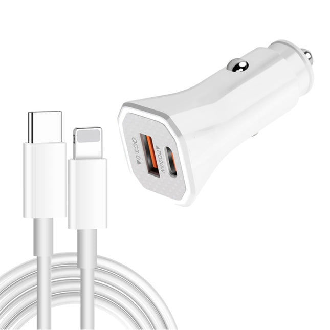 TE-P22 38W PD USB-C / Type-C + QC3. 0 USB Car Charger with 1m USB-C / Type-C to 8 Pin Data Cable(White)-garmade.com