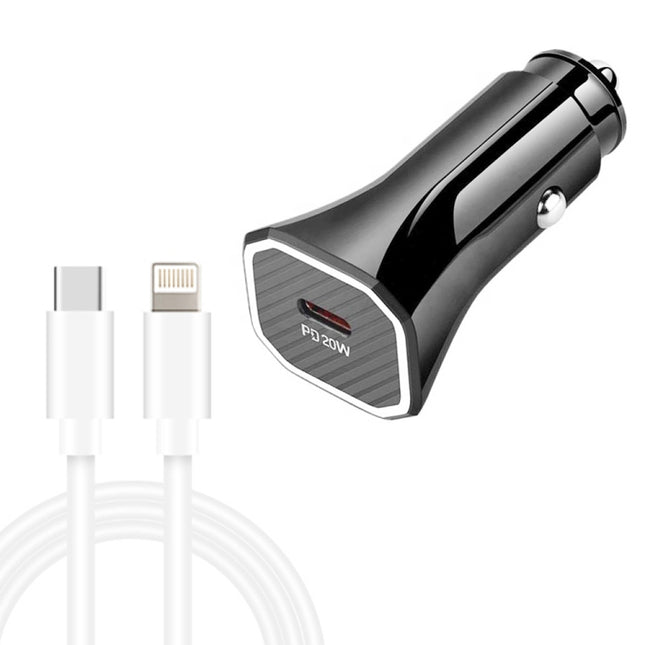 TE-P2 PD20W USB-C / Type-C Car Charger with Type-C to 8 Pin Data Cable(Black)-garmade.com
