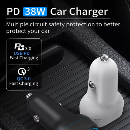 38W PD20W + QC3.0 USB Car Charger with USB to Type-C Data Cable, Length: 1m(Black)-garmade.com